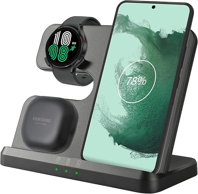 Samsung Wireless Charger, 3 in 1 Charging Station 15w for Galaxy Watch 4 Classic/3/Active 2, S22+ S22 Ultra S21+ S20 FE S10 S9 S8 Plus Note 20 10 9 8 Z Filp 4 Fold 3, Buds 2 Pro Live