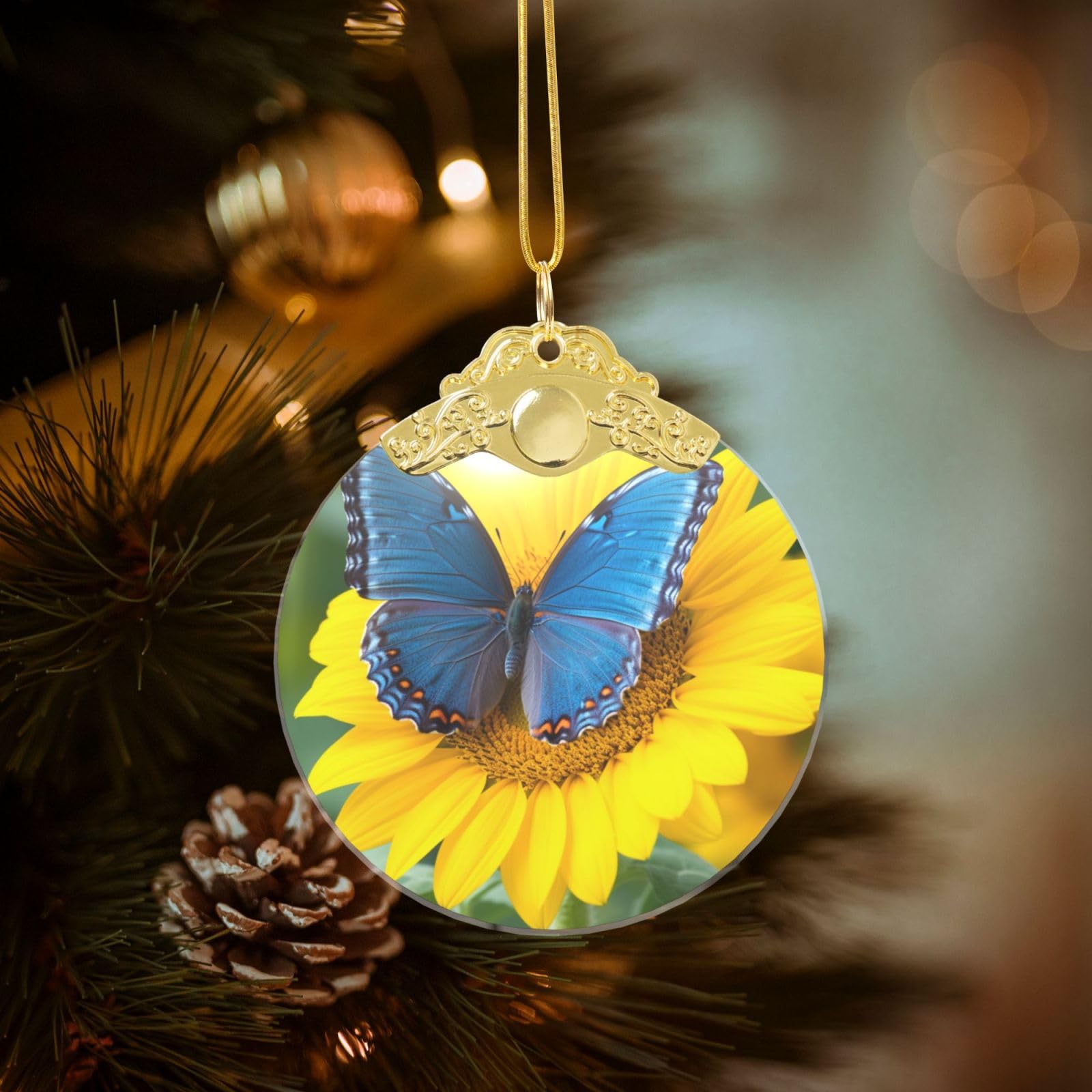 Sunflower Blue Butterfly Christmas Ornament 2025, Round Glass Xmas Hanging Pendant for Xmas Tree Decoration,Cute Holiday Hanging Decorations Keepsake for New Year Family Party Wedding Decor