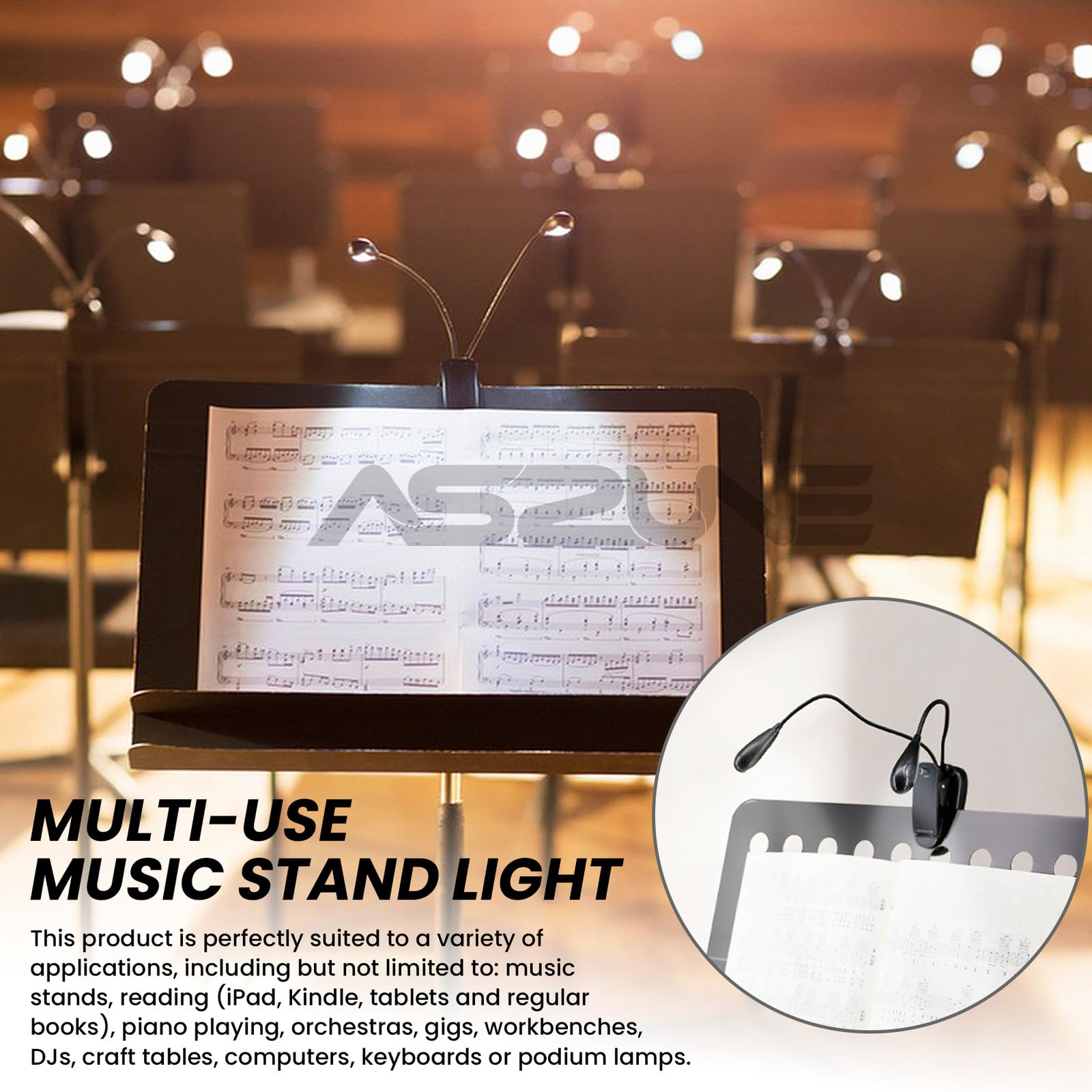 Luce per leggio, confezione da 2/10 luci LED a clip, USB e batterie AAA, lampada da lettura a letto, 2 livelli di luminosità, ideale per musicisti, pianisti, bambini, viaggi (doppio braccio) (nero, 20