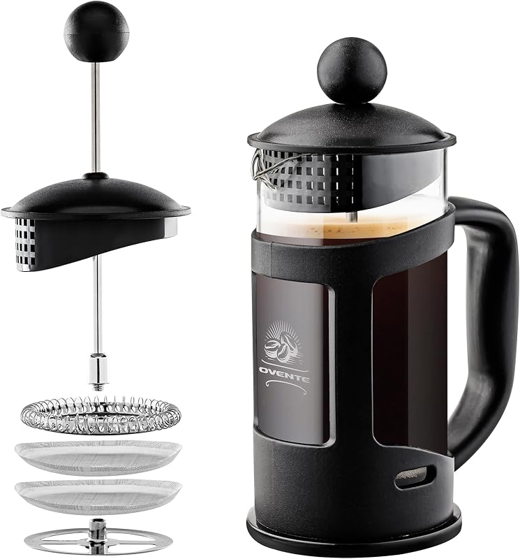 OVENTE French Press Coffee Maker 12oz with 4-Level Filtration, Black FPT12B | Heat-Resistant Borosilicate Glass Cafetiere, Dishwasher Safe Stainless Steel Filter, Compact Cold Brew for Travel and Camping