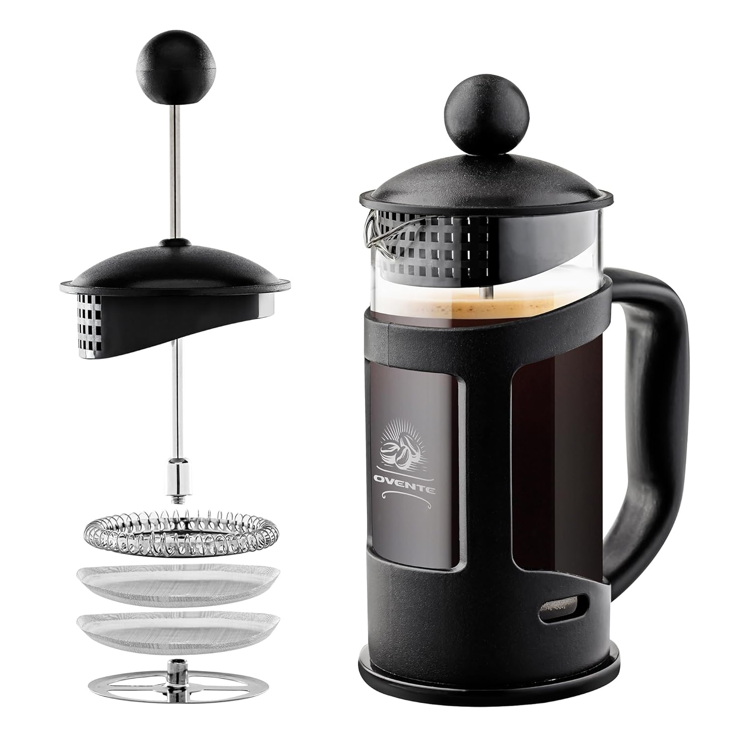 OVENTE French Press Coffee Maker 12 Ounce with Heat Resistant Borosilicate Glass & Stainless Steel 4-Level Filtration System, Portable Cold Brew Coffee Maker for Travel, Camping or Gift, Black FPT12B
