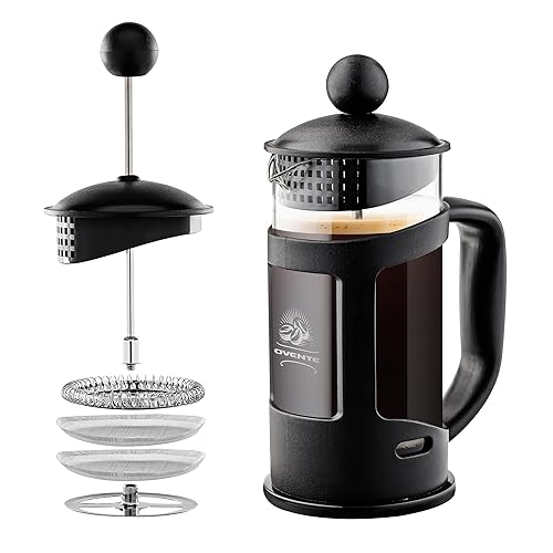 OVENTE Cafetera de prensa francesa de 12 onzas con vidrio de borosilicato resistente al calor y sistema de filtración de acero inoxidable de 4