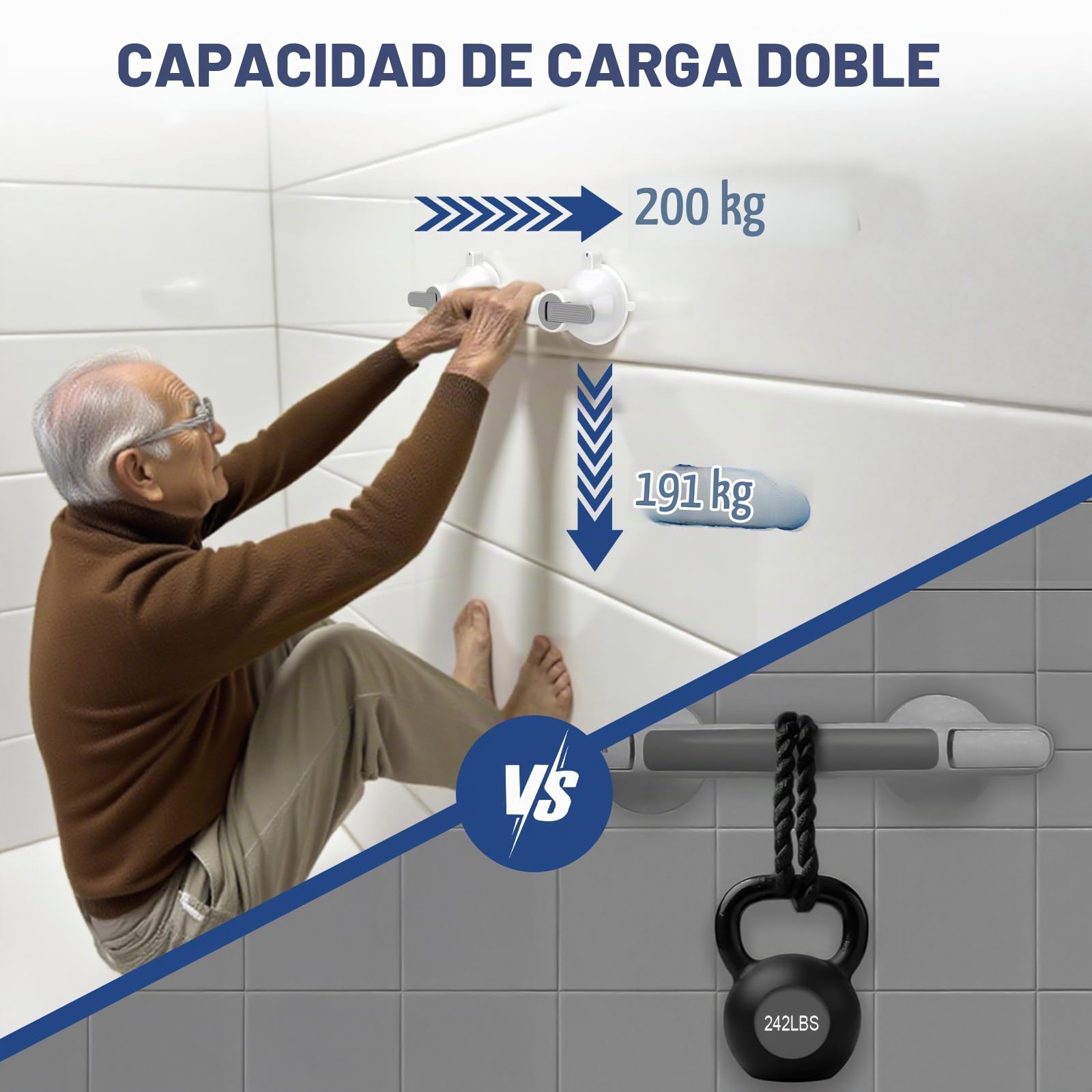 Agarraderas baño para mayores, MAX 200KG, Agarrador ducha personas mayores y Bañera Sin Taladro con Ventosa – Antideslizante con Alfombrilla para Baño, WC, Escaleras y Movilidad Reducida
