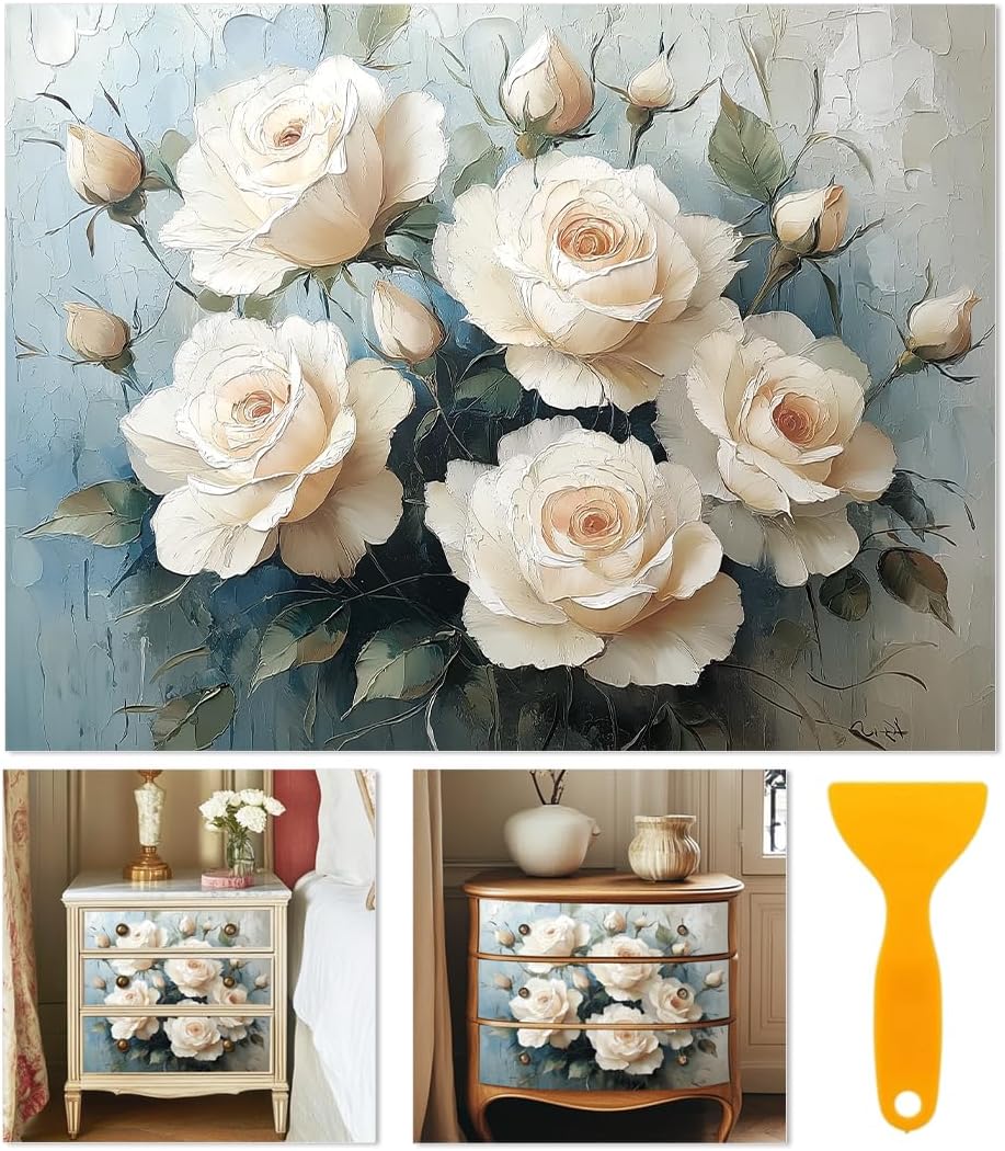 6 Sheets Large White Roses Rub on Transfers for Furniture Vintage Floral Rub on Transfer Sticker for Furniture Decor Iod Transfers Stickers Crafts for Wood Glass Decals Waterproof 6"x12"