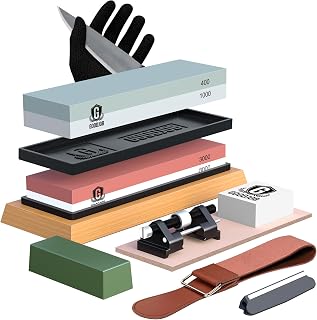 GOODJOB Premium Whetstone Knife Sharpening Kit - Dual Grit 400/1000 & 3000/8000 Wet Stones, Honing Guide, Cut-Resistant Gloves, Bamboo Base