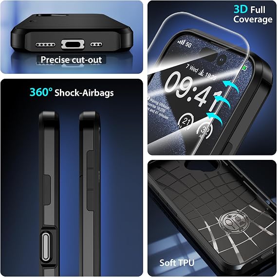 ZUSLAB Card Holder Slot Case Compatible with Apple iPhone 16 6.1 Inches 2024, Phone Wallet Case with 1 Tempered Glass Screen Protector, Rubber & PC Bumper Cover for Women Men, Black