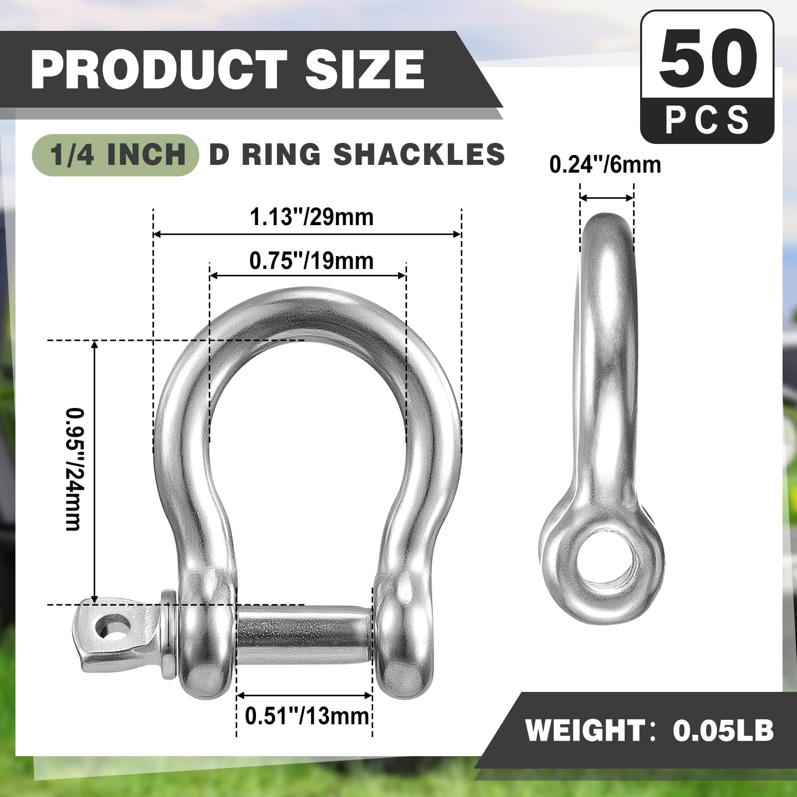 Confezione da 50 grilli ad anello a D in acciaio inossidabile 304 da 1/4 di pollice M6 con vite ad arco resistente con perno a vite per ancoraggio a catena, rimorchi esterni, rimorchi industriali