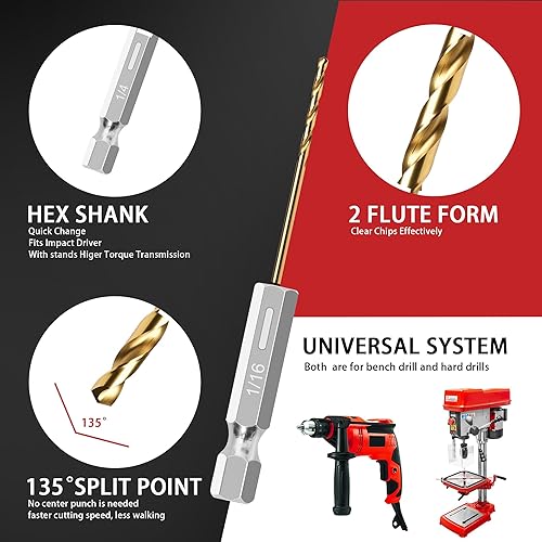 Miniatura 9 de Juego de 13 brocas hexagonales con revestimiento de titanio, punta de 135 grados, juego de brocas de impacto HSS con estuche de almacenamiento para