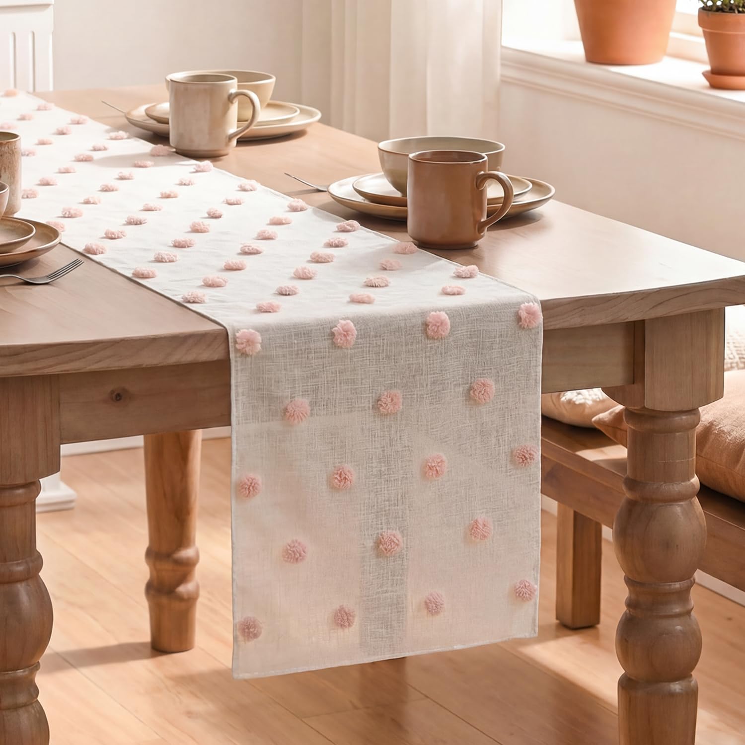 Artoid Mode Pink Pom Pom Tulle Table Runner, Seasonal Washable Kitchen Dining Table Decoration for Home Party Decor 12x60 Inch