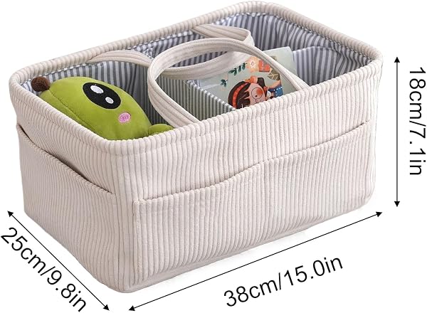 Borsa organizer per pannolini, portatile, grande, in velluto a coste, per la cameretta dei bambini, per casa, comodino, scrivania, divano, bagagliaio 'auto, salviettine per biberon di latte - 5
