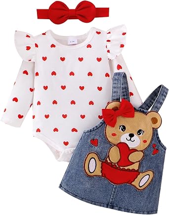 Baby Girl Clothes Fall Winter Outfits Long Sleeve Romper Bear Cartoon Suspender Skirt Bow Headband Set 0-18 Months