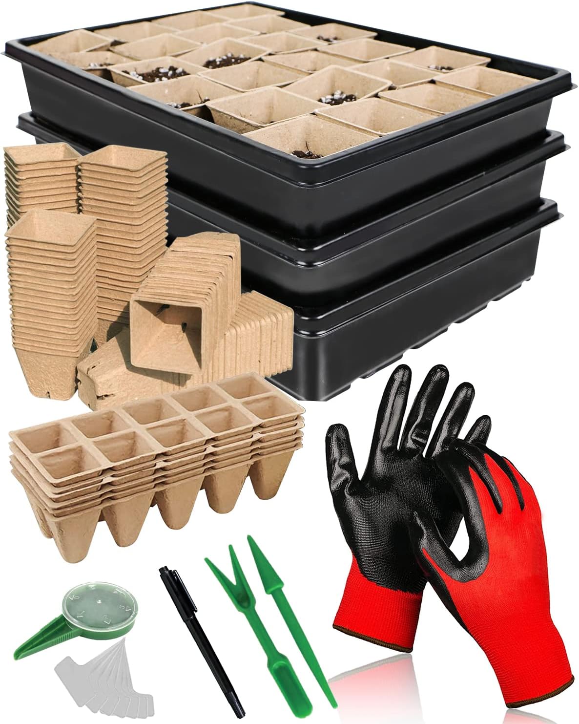 Seed Starter Kit, Include 100 Biodegradable Pots for Seedlings, 3 Plastic Growing Trays, 50 Plant Labels and 5 Plant Tools for Outdoor Indoor Gardening