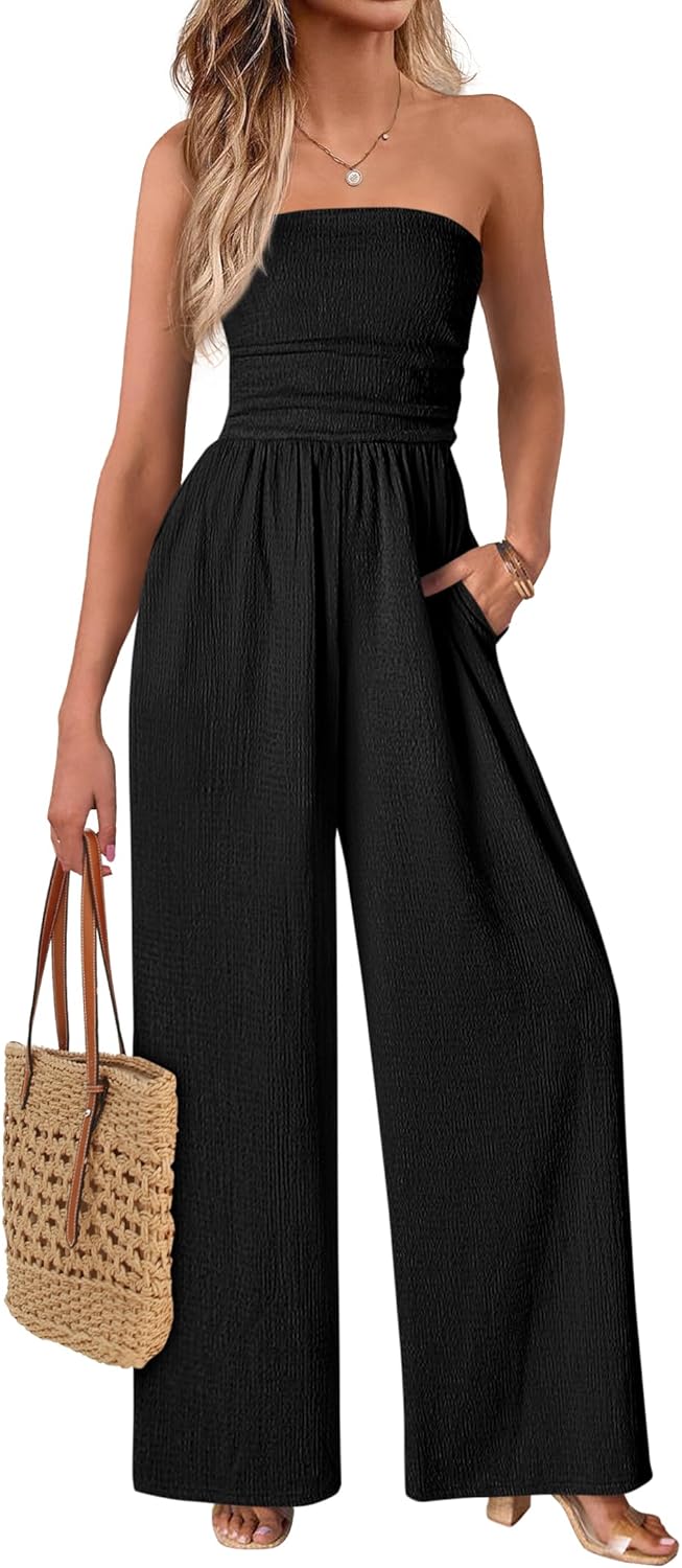 MASCOMODA One Piece Jumpsuits for Women Strapless Smocked Casual Rompers Long Pants with Pockets Vacation Summer Outfits