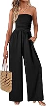 MASCOMODA One Piece Jumpsuits for Women Strapless Smocked Casual Rompers Long Pants with Pockets Vacation Summer Outfits