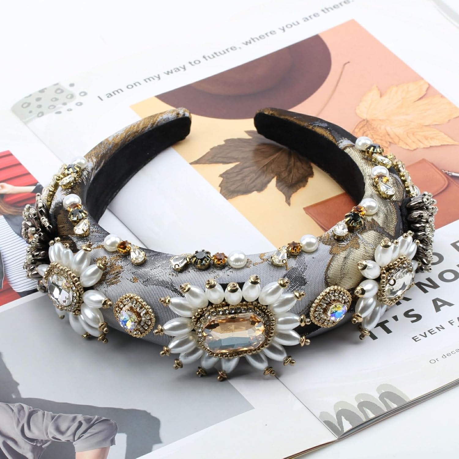 Luxury Flower Simulated Pearl Headband for Women Chunky Crystal Bead Stone Banquet Hairband Decorative Jeweled Hair Band Accessories (HDDY1083-grey)
