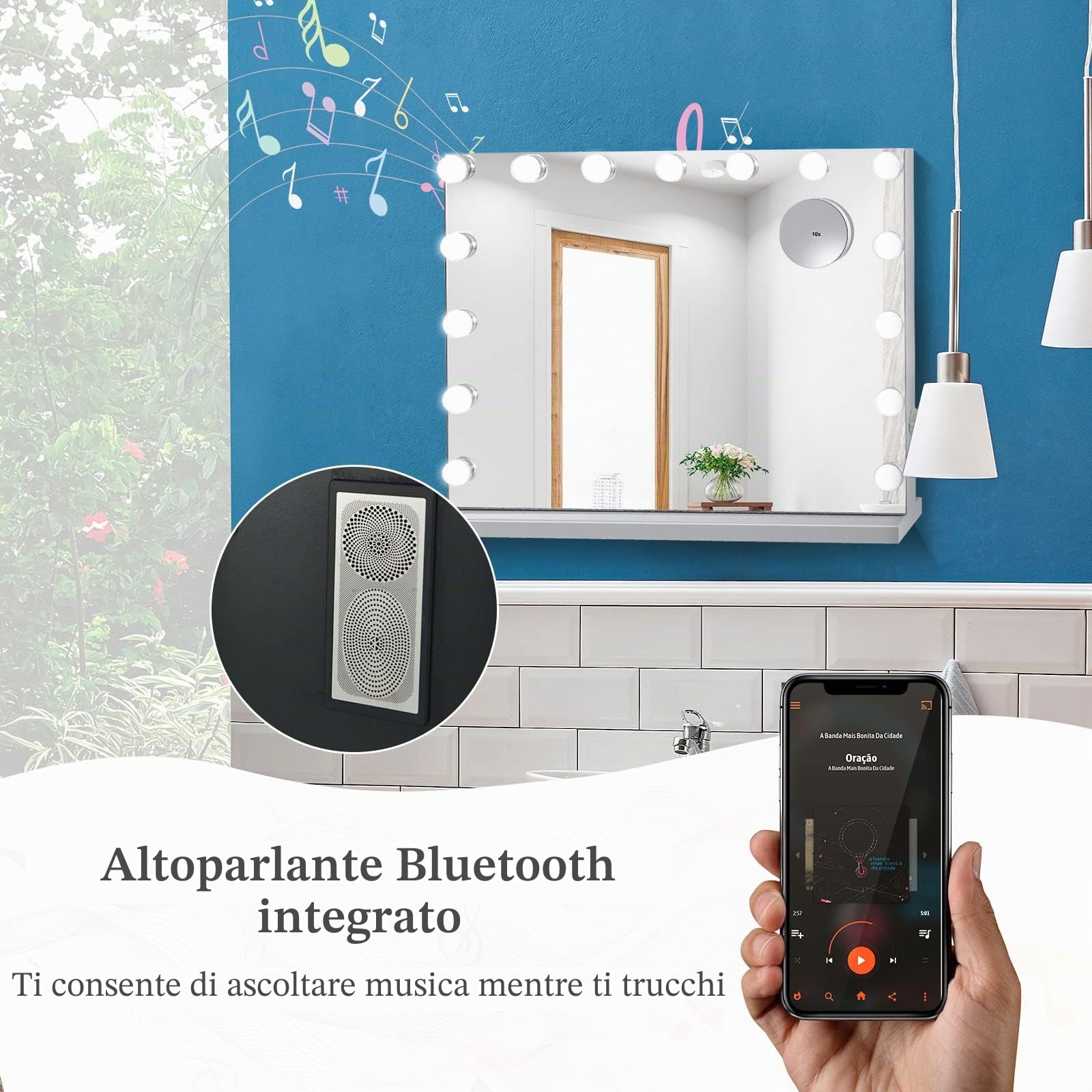LIFEZEAL Specchio Trucco con Luci, Specchiera Hollywood con 15 Lampadine Led, Specchio da Tavolo e da Toeletta Ingranditore 10X e Smart Touch, 3 Modalità di Luminosità e Musica Bluetooth, 58 x 48 cm