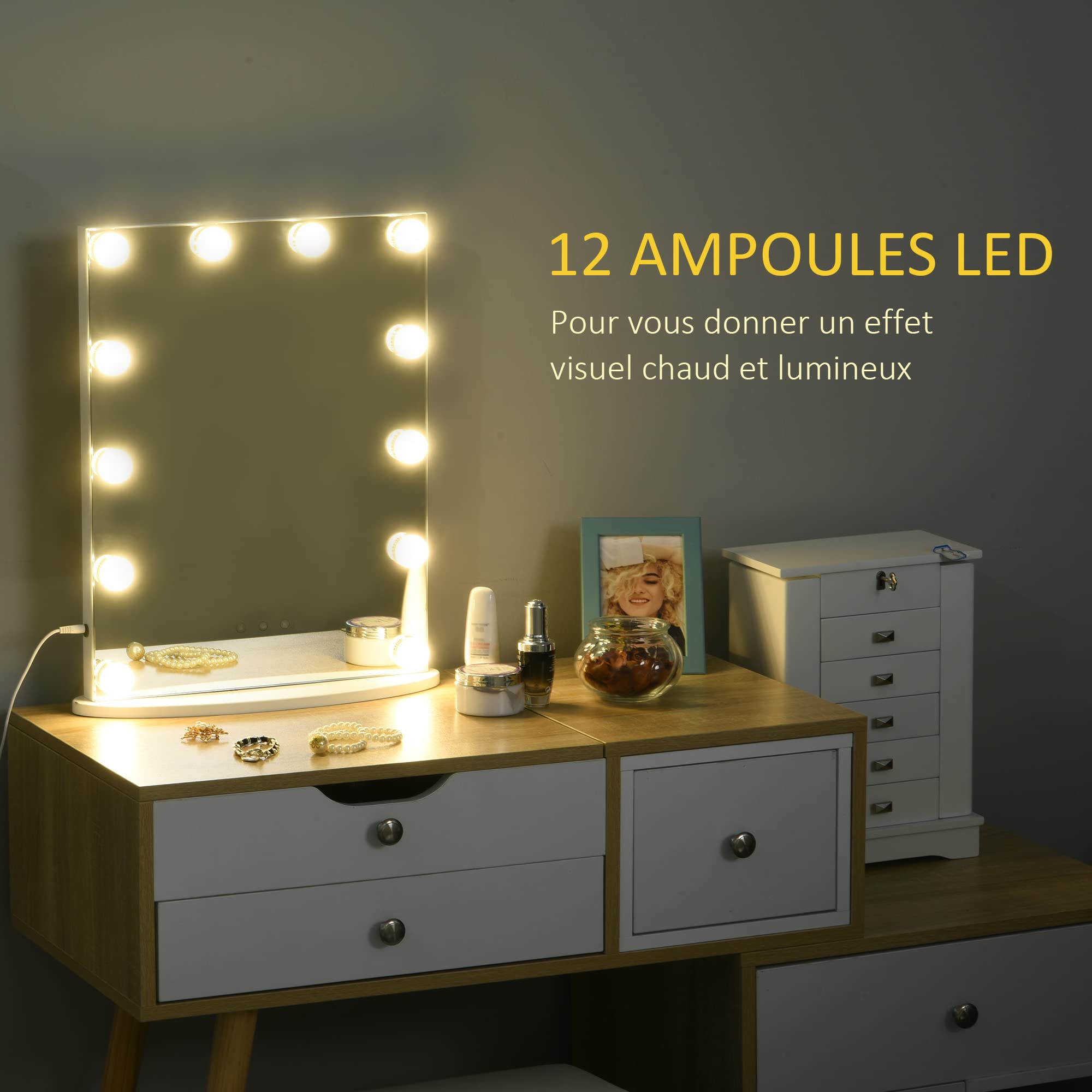 HOMCOM Miroir Maquillage Hollywood Lumineux LED intensité réglable pour Coiffeuse dim. 41L x 13P x 51H