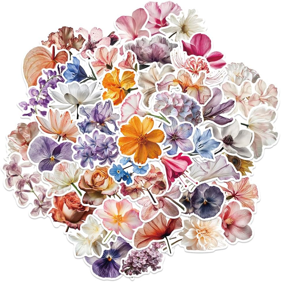 Cute Bloomy Flowers Aesthetic Stickers for Scrapbook, 50PCS Flowers in Bloom Waterproof Stickers for Water Bottles Laptop Journal, Realistic Floral Decals for Women, Party Supplies