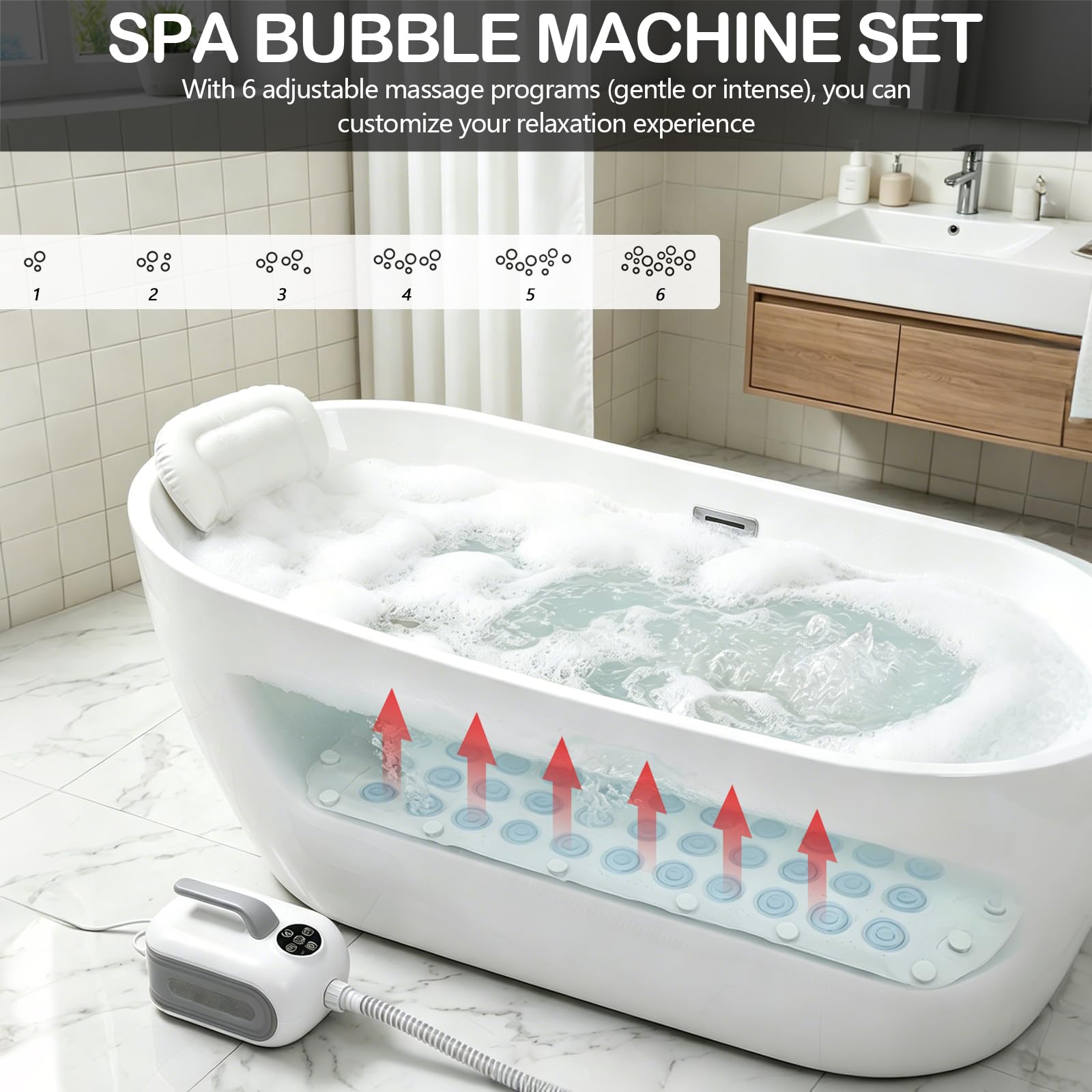 Sprudelmatte Badewanne, Badewanne Spa Matte mit 6 Massage Intensitätsstufen, Luftsprudelbad Sprudelmatte mit Kissen und Anti Rutsch Saugnäpfe, Spa Baden für Zuhause, Fernbedienung Inklusive