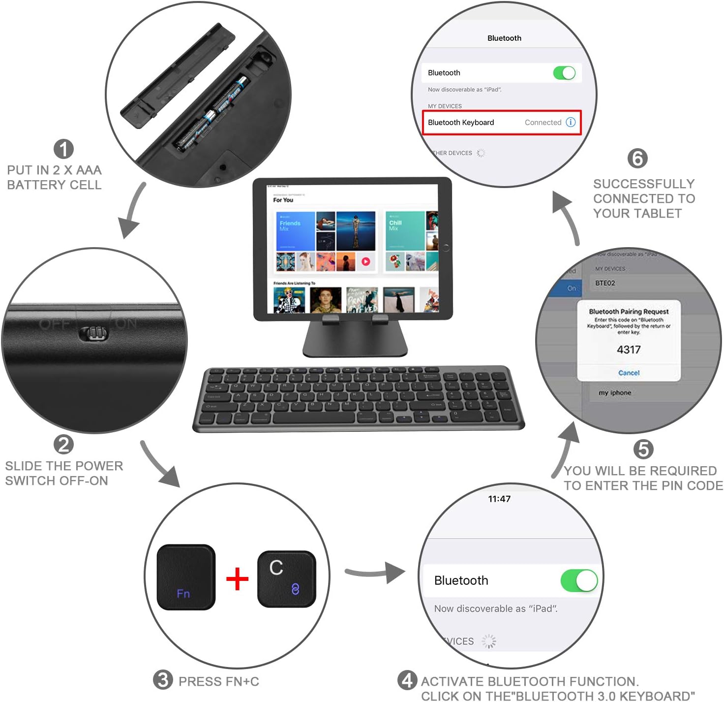 OMOTON Wireless Bluetooth Keyboard with Numeric Keypad for iPad 10.2 8th 7th Generation, iPad Air 4th Generation, iPad Pro 11/12.9, iPad Mini and All iPad iPhones, Black Gray
