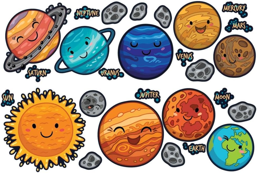 Wallmonkeys Happy Cartoon Solar System Wall Decal Sticker Set for Kids WM502437