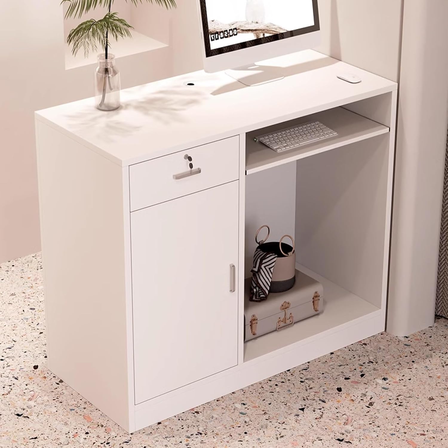 JKGHK Reception Desk, Front Counter Desk with Threading Hole, Reception Counter with Lockable Drawer, Floor-Standing Checkout Counter, for Salon Room Office(White,80x60cm)