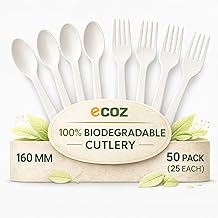 Ecoz Disposable Spoon and Fork Set - 6 Inch (160 Mm) Pack of 50 Cornstarch Biodegradable Compostable Cutlery for Party Catering Picnic Dessert Fruit Takeaway Food Service