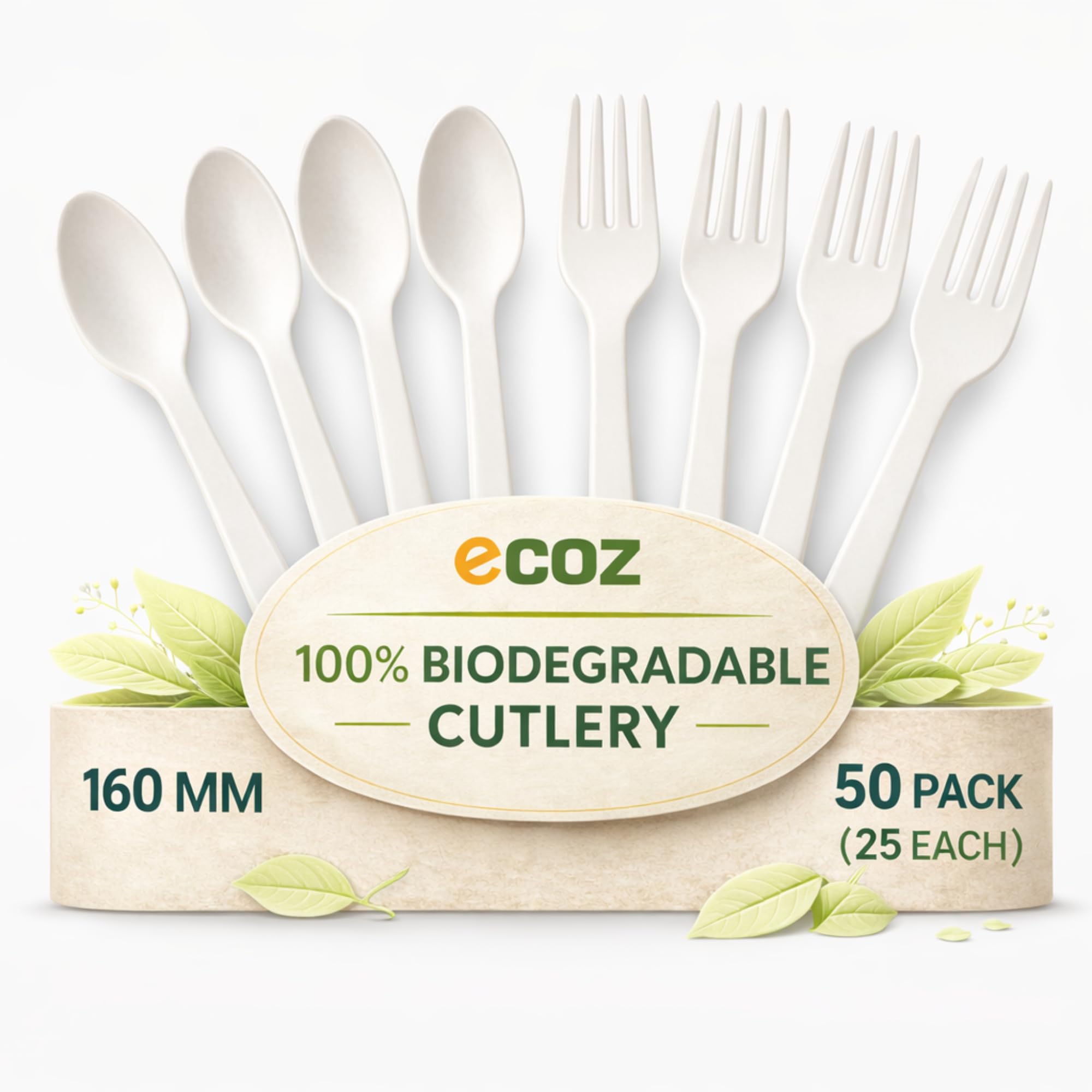 Ecoz Disposable Spoon and Fork Set - 6 Inch (160 Mm) Pack of 50 Cornstarch Biodegradable Compostable Cutlery for Party Catering Picnic Dessert Fruit Takeaway Food Service-image-45