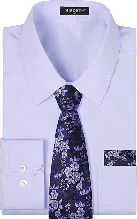  Mens Dress Shirt with Tie Pocket Square Set Classic Button Down Shirt Matching Tie Long Sleeve Shirts