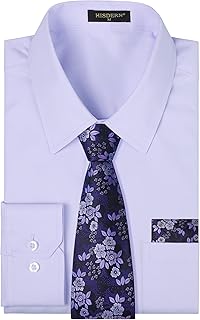 Mens Dress Shirt with Tie Pocket Square Set Classic Button Down Shirt Matching Tie Long Sleeve Shirts - Buy now