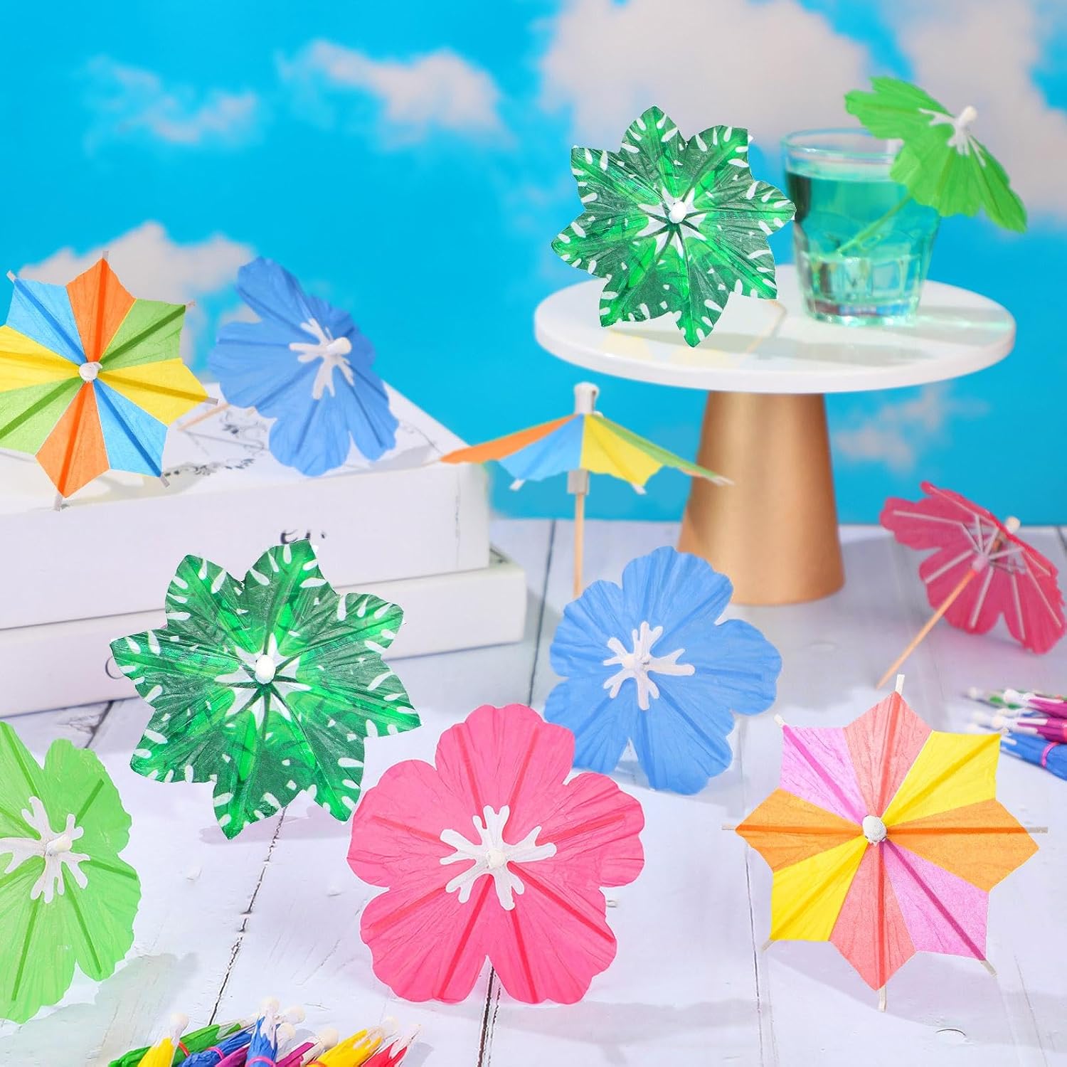 150 Pieces Drink Umbrellas Cocktail Picks Cocktail Umbrellas Sticks Hibiscus Palm Trees Octagonal Star Shaped with Wood Toothpicks Cupcake Toppers for Summer Hawaiian Tropical Wedding Party Decoration