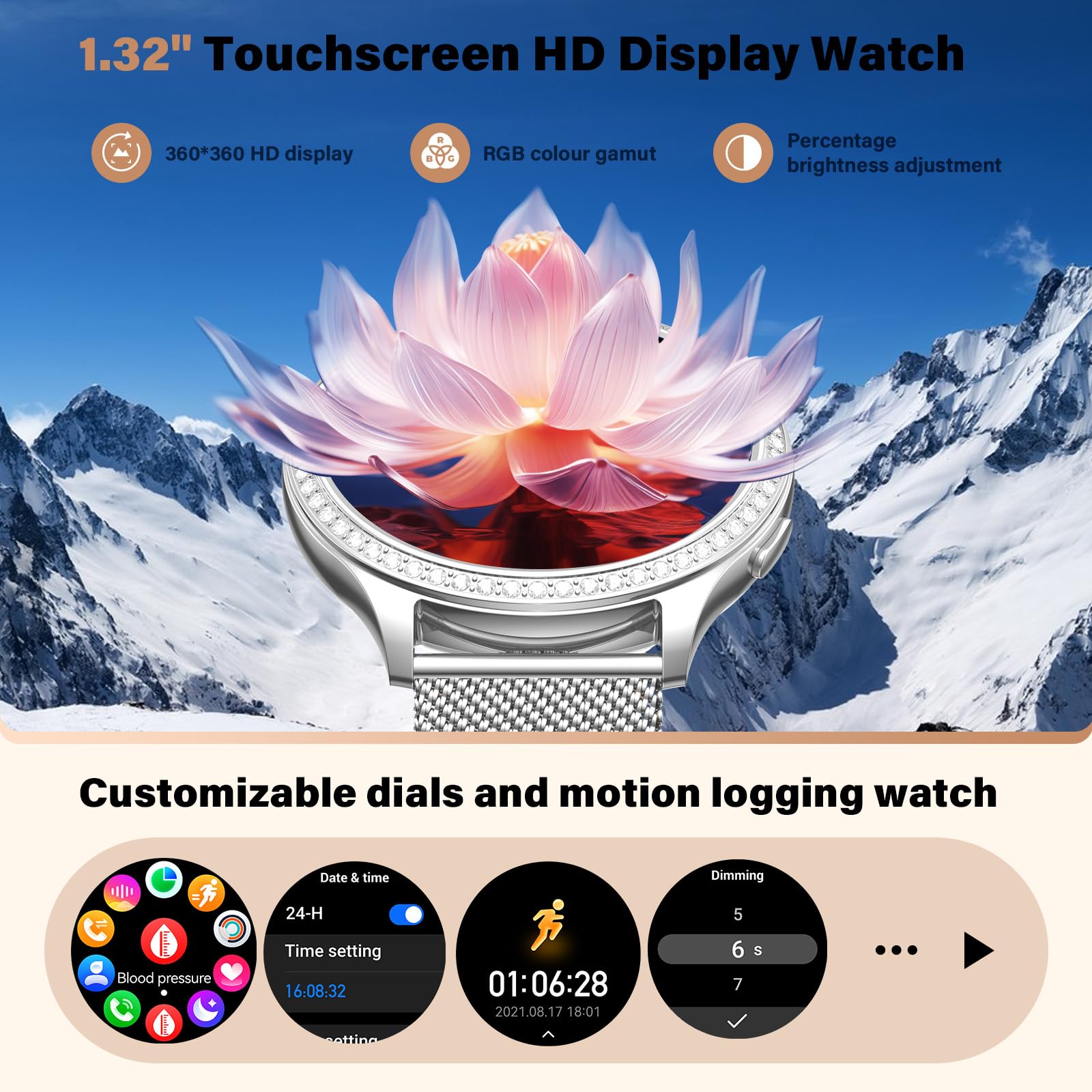 RifePhi Damen Smartwatch 1.32 Zyklustracker SpO2 Schlafanalyse IP67 wasserdichte Sportuhr Anruffunktion Schrittzähler Herzfrequenzmesser Kompatibel iPhone Android