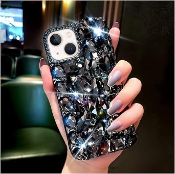 for iPhone 14 Case for Women,Shiny Luxury Bling Phone Case with 3D Glitter Sparkle Crystal Rhinestone Diamond Gems on Hard Reflective PC Back,Soft TPU Bumper Cover for Girly GirlBlack