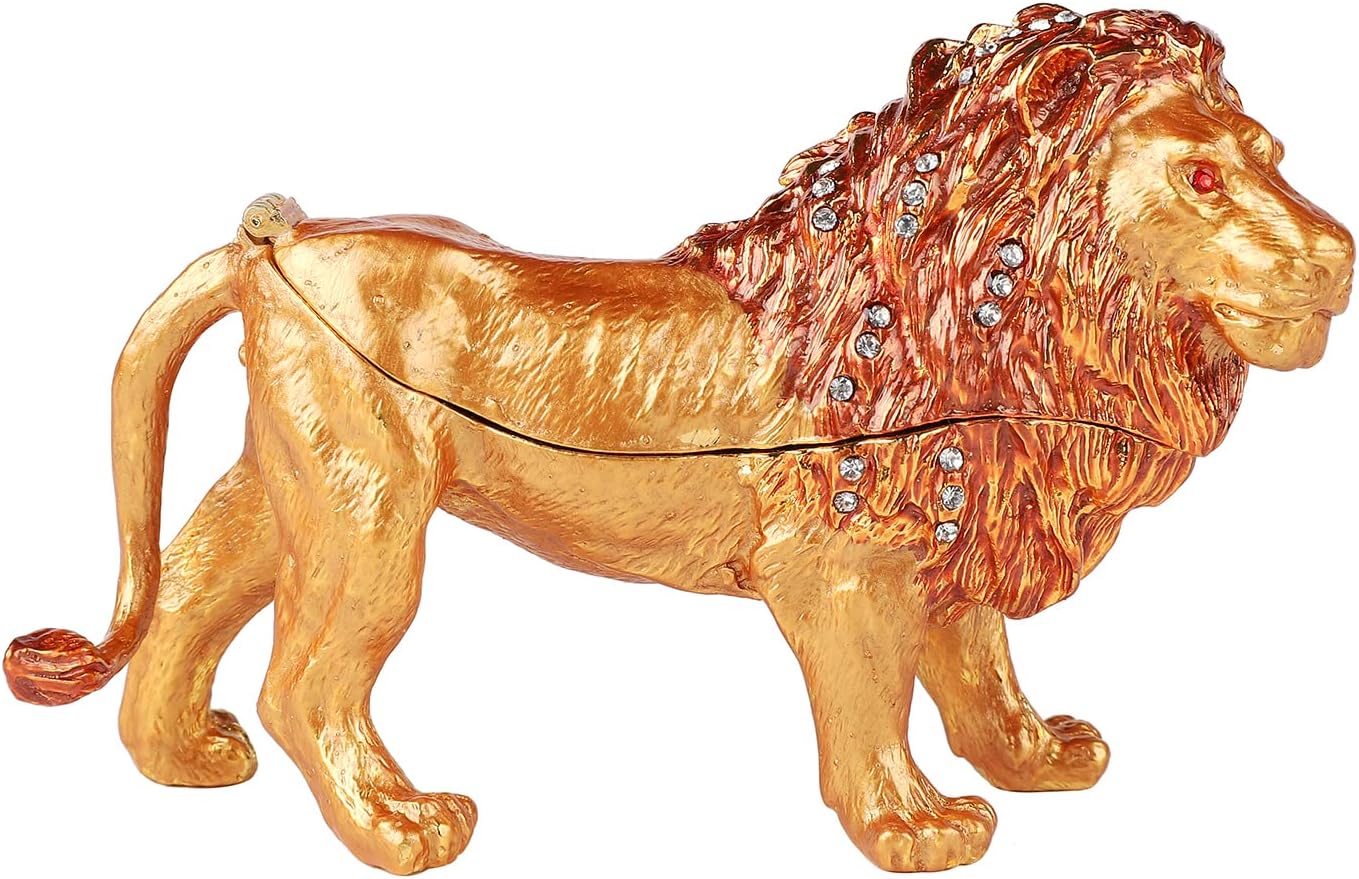 Lion Trinket Boxes Hinged Enamel Hand-Painted Jewelry Box Animals Figurine Unique Gift for Home Decor