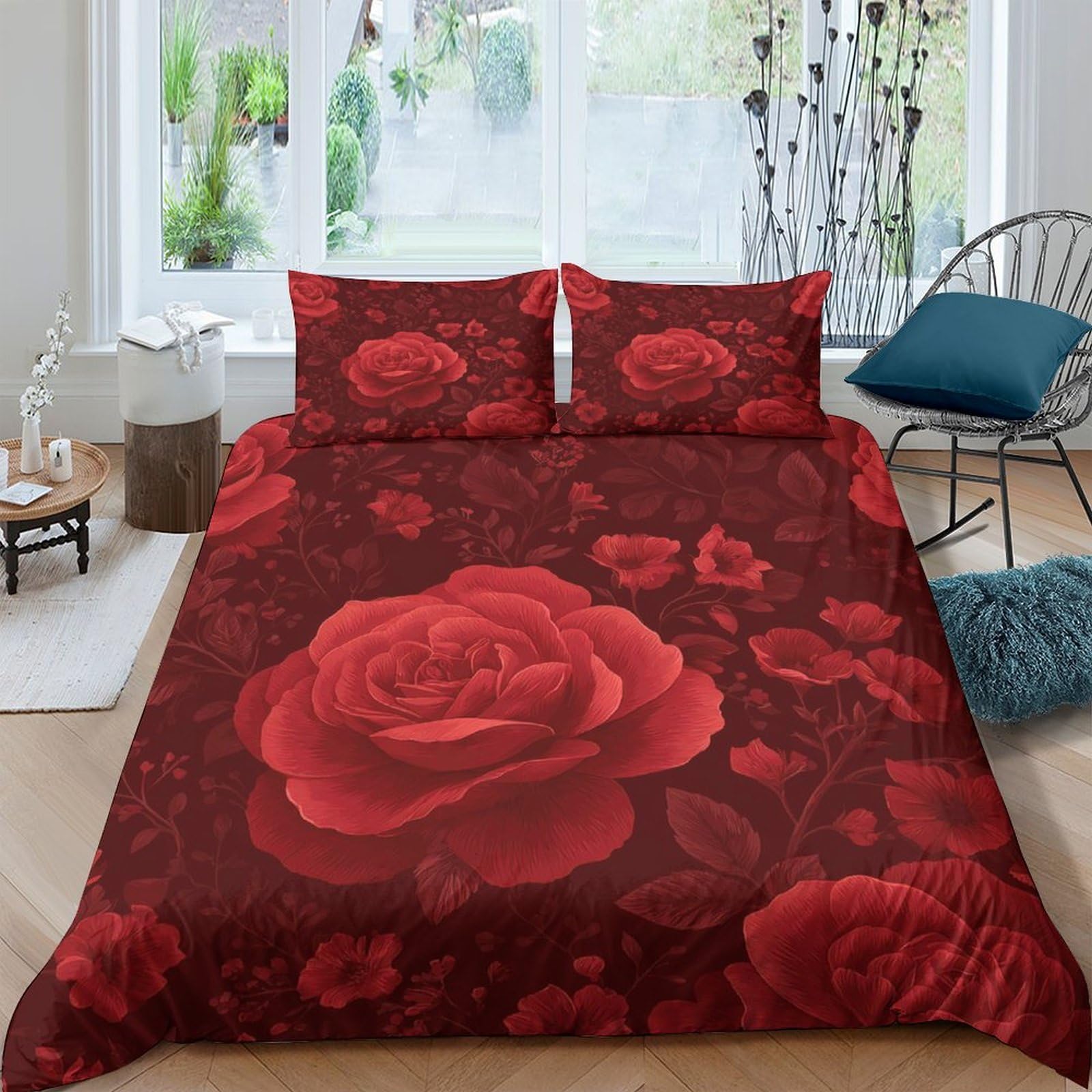 P5V6M1Q9 3D Printed Red Rose Duvet Cover Microfiber Soft Floral Bedding Set with 2 Pillowcases for Bedroom Decor Single（135x200cm）