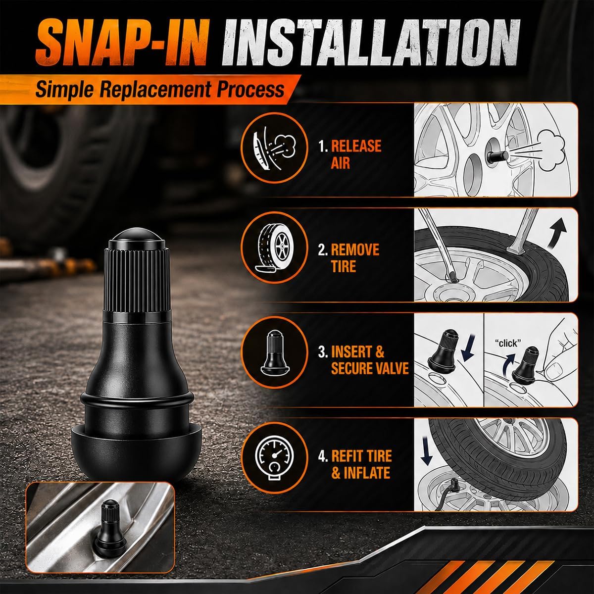 8PCS TR412 Tubeless Tire Valve Stems, Rubber Snap-in Automotive Valve Stem Replacement Kit, Universal Vehicle Tires Valves Stems Accessories for 0.453 inches 11.5mm Rim Holes(TR412)