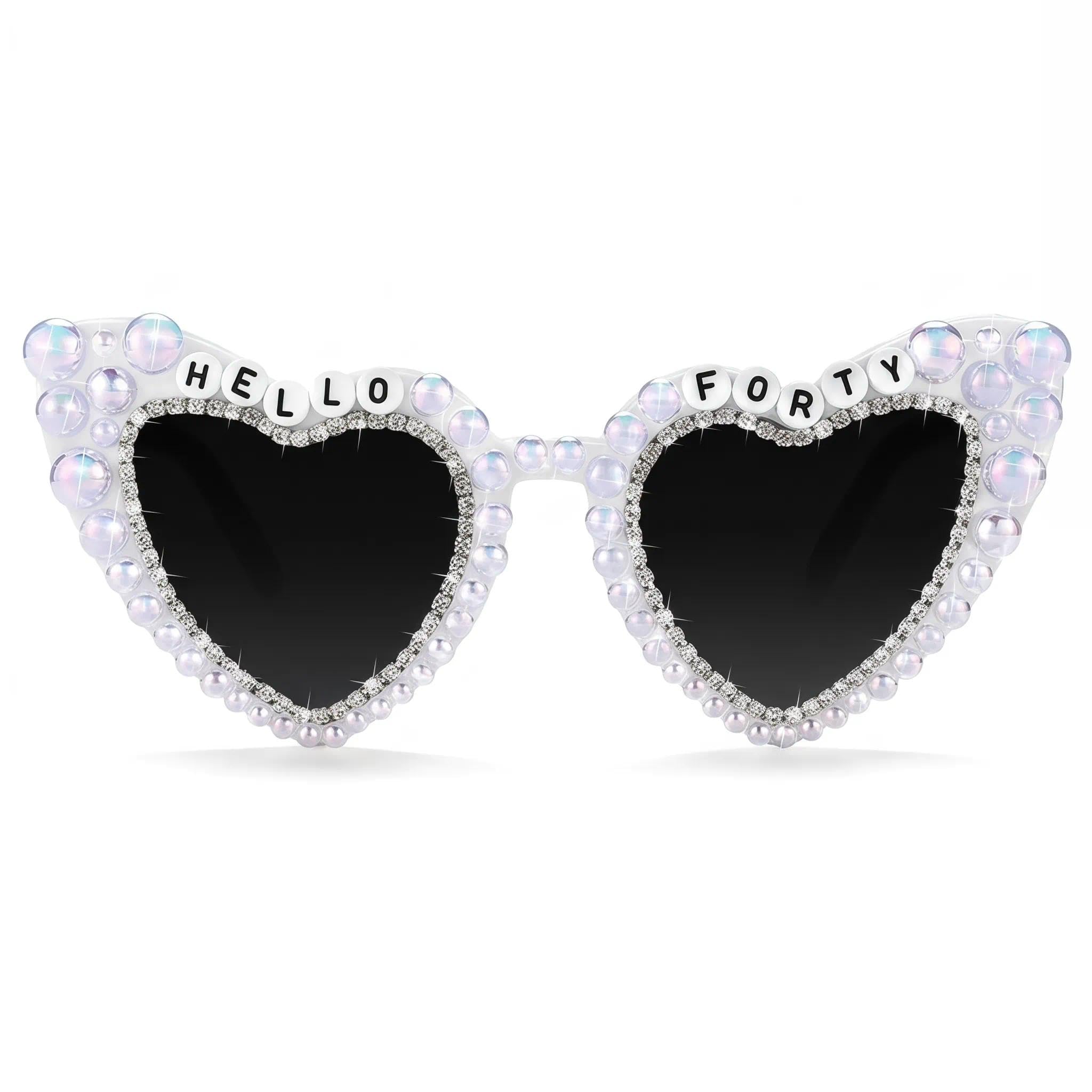 40th Birthday Glasses, Heart Shaped HELLO FORTY Rhinestone Eyewear