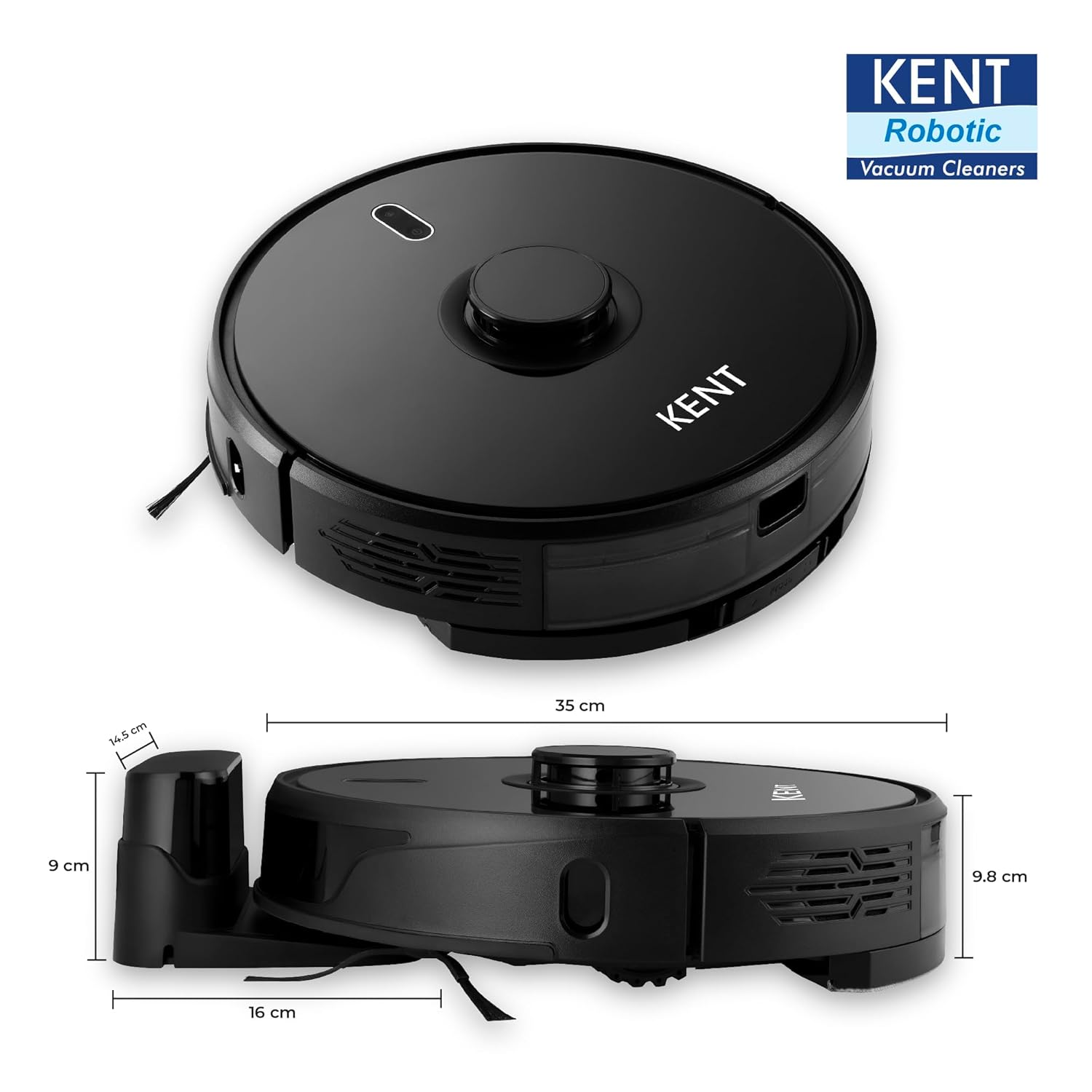 Detailed dimensions of the KENT RoboKlean R1 robotic vacuum cleaner
