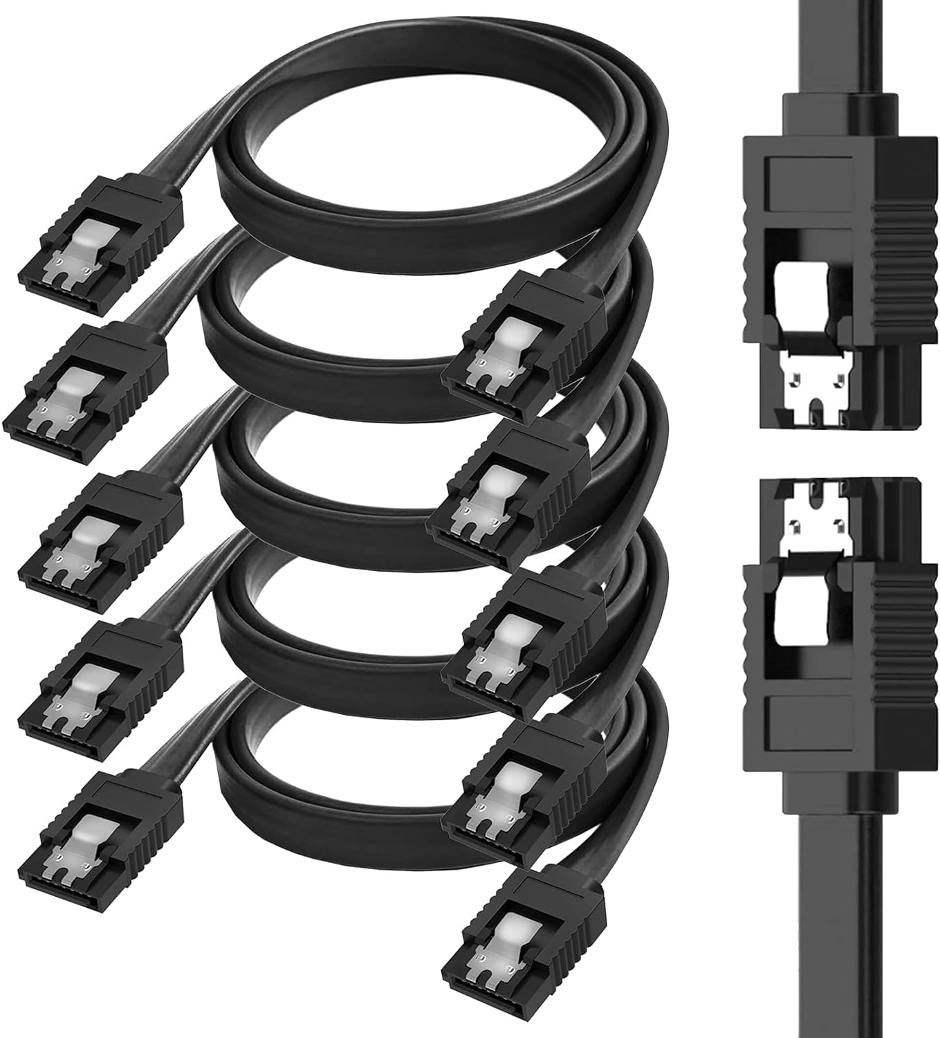 ETZIN 5-Pack 50cm SATA 3 6.0 Gbps Data Cable with Locking Latch for HDD & SSD (Black - Straight with Both Side Locking Latch)-(EPL-255TC)