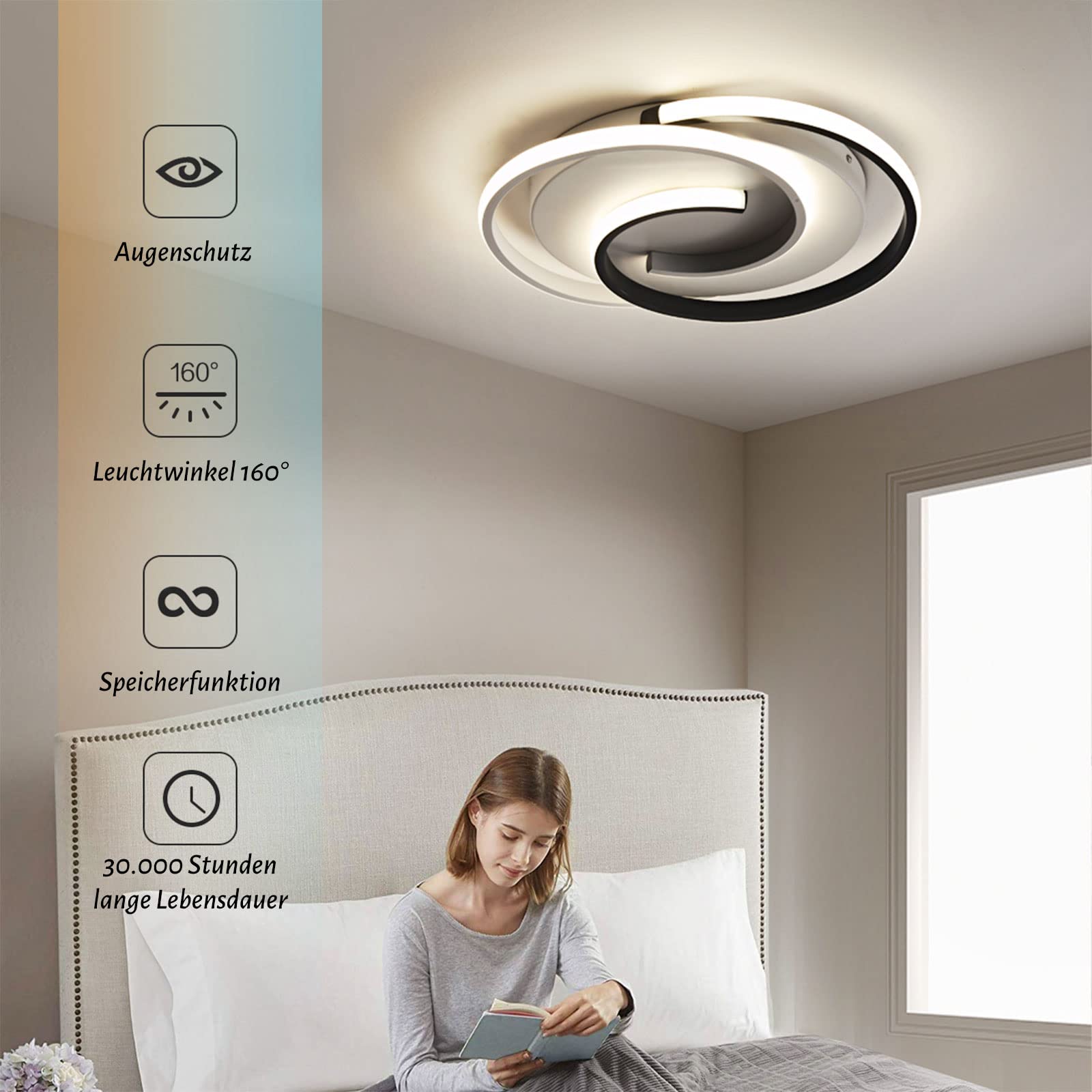 BAYHT LED Deckenlampe,Moderne Deckenleuchte Dimmbar mit Fernbedienung Wohnzimmer, Schwarz-Weiß Schlafzimmerlampe, Rund, Wohnzimmerlampe mit Memory Funktion, für Wohnzimmer,Schlafzimmer, Büro