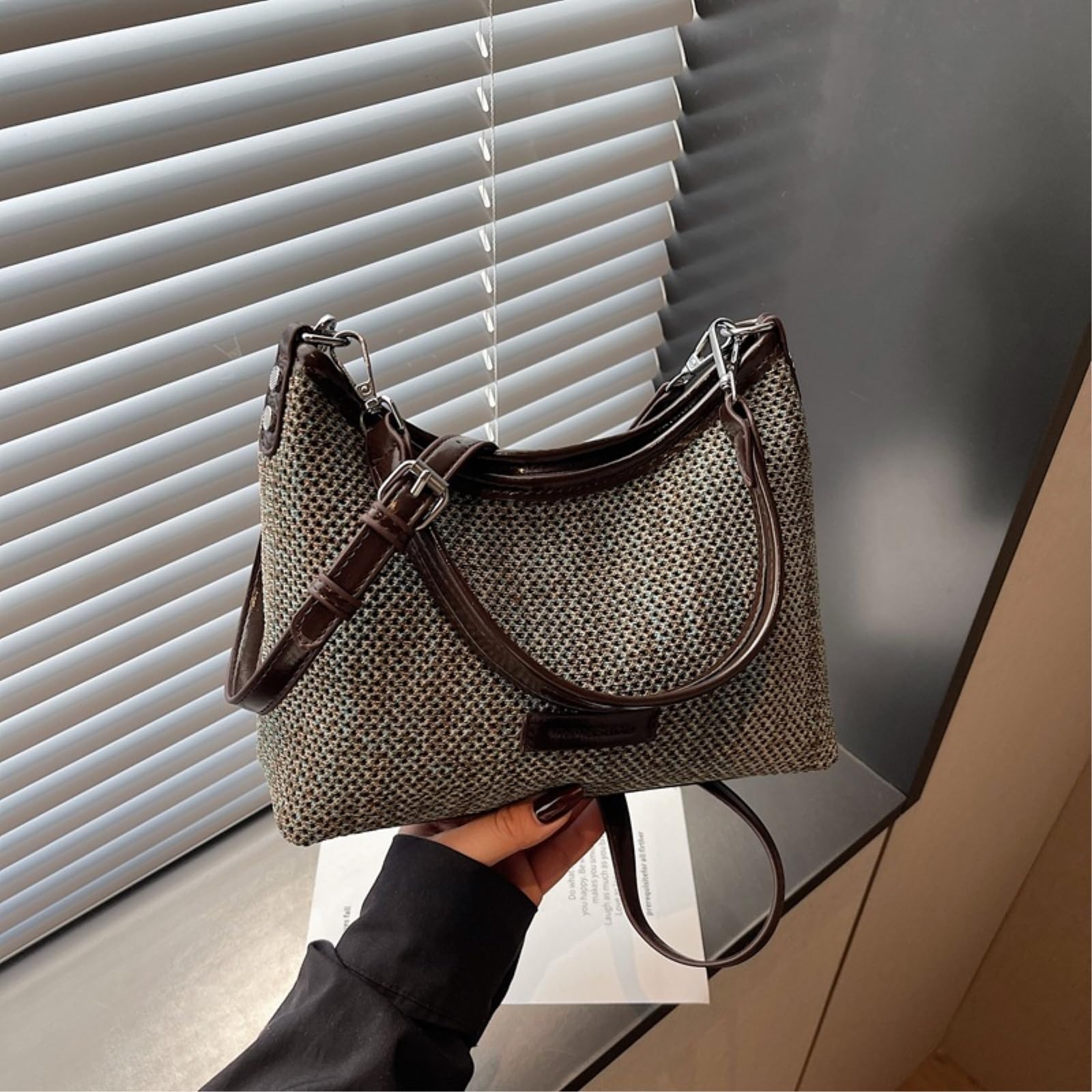 Borsa Tracolla di Paglia Tessuta Estate Donna A Spalla Vacanza Tempo Libero Diagonale-25 X 9 20 Cm-Blue