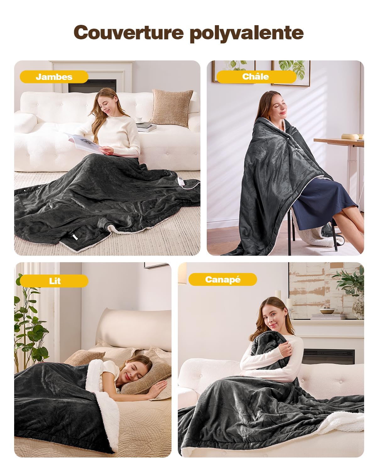 Yokimisu Couverture Chauffante Électrique 180x130cm, Plaid Chauffant avec 6 Réglages de température, Arrêt Automatique, Lavable en Machine, Protection Contre la Surchauffe, Affichage LED (Gris)