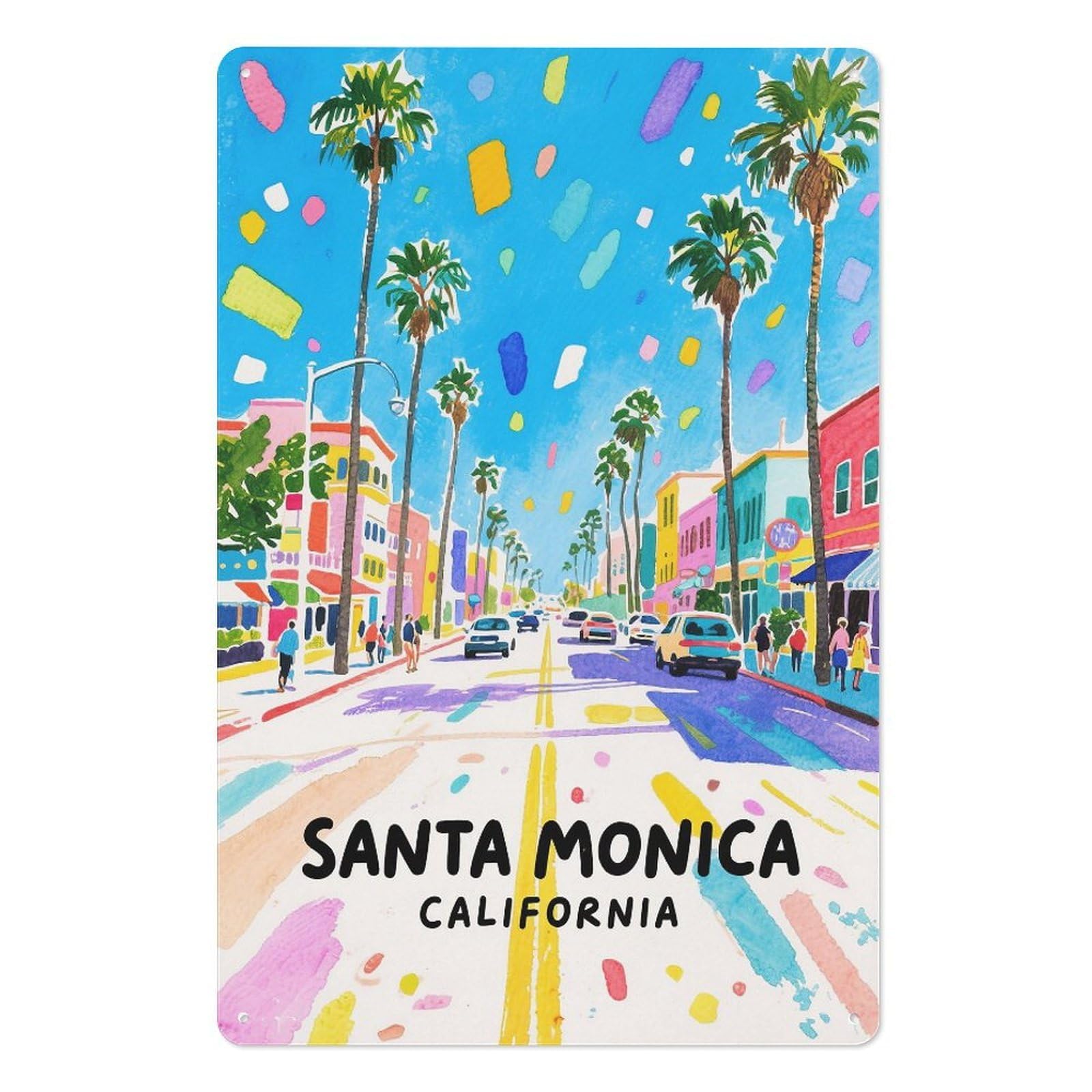 Santa Monica California Retro Design Tin Paintings Vintage Tin Sign 08x12inch(20x30cm) Wall Art for Home Office Bedroom Living Room Cafes Wall Decor