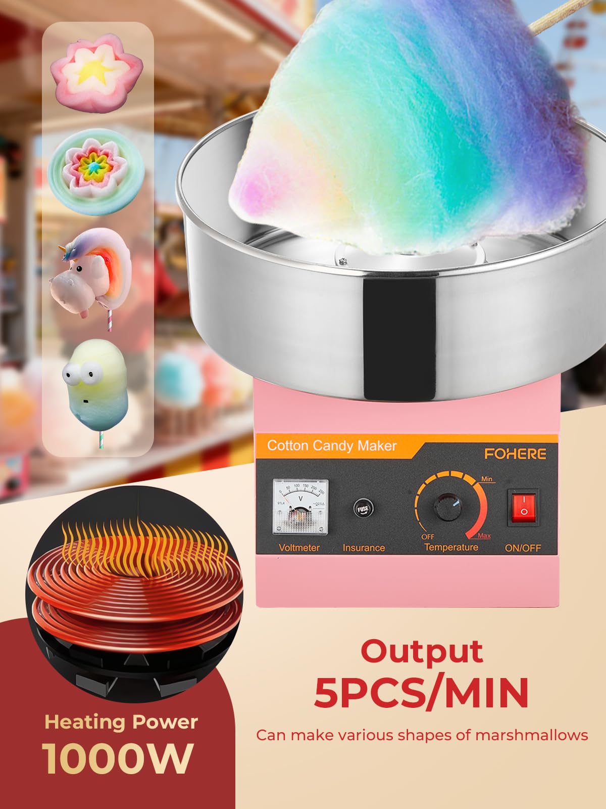 FOHERE Zuckerwattemaschine 1000W – Profi Zuckerwattegerät mit 38cm Edelstahlschüssel & Dosierlöffel – Schnelle Aufheizung, Einfache Reinigung – Ideal für Kindergeburtstag, Jahrmarkt & Partys