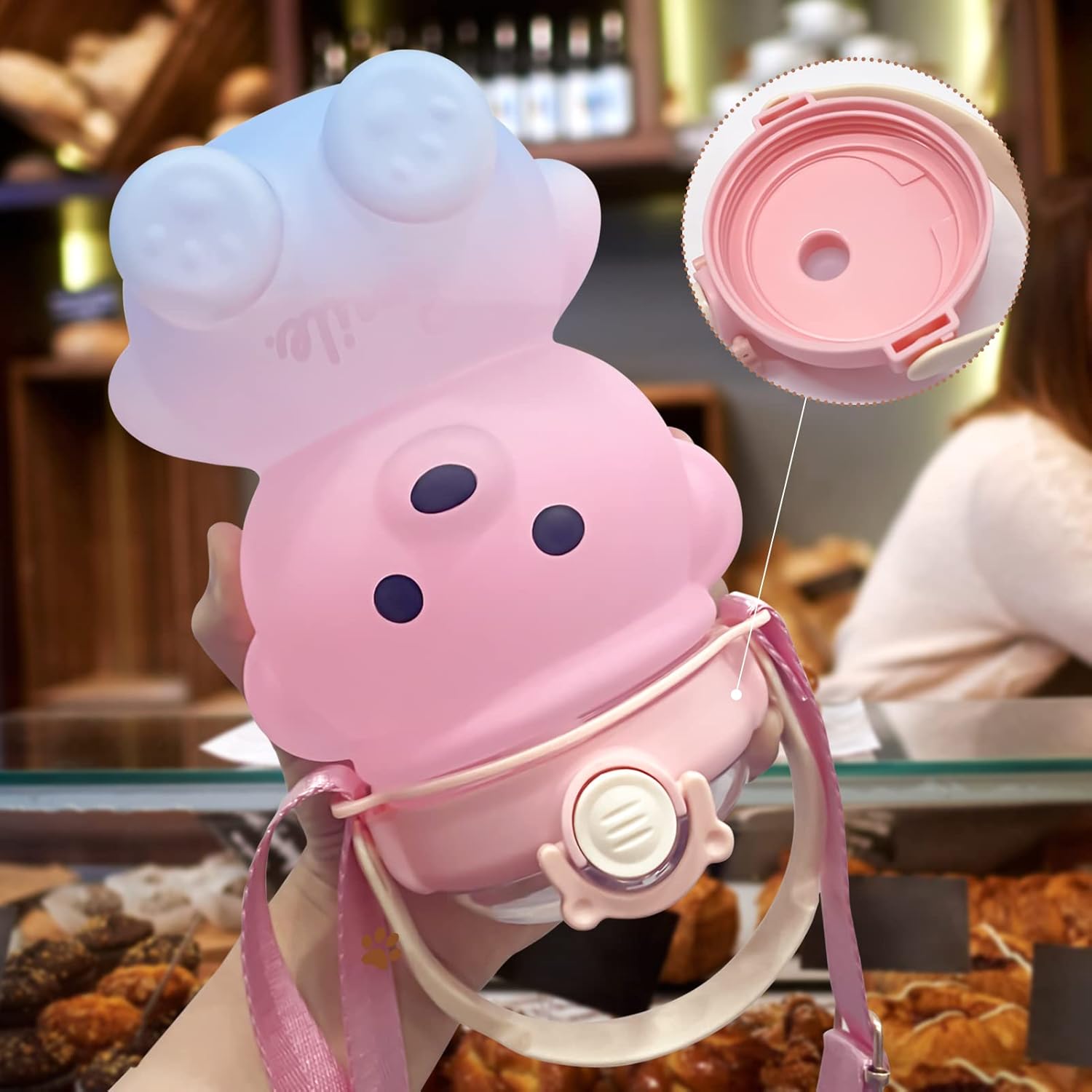 Cute Bear Water Bottle: 32oz Kawaii Kids Water Bottles with Strap and Straw - Leak-proof Plastic Drinking Cups for Girls Women School Sports Camping Picnic Hiking Travel (Pink-blue) - Image 5