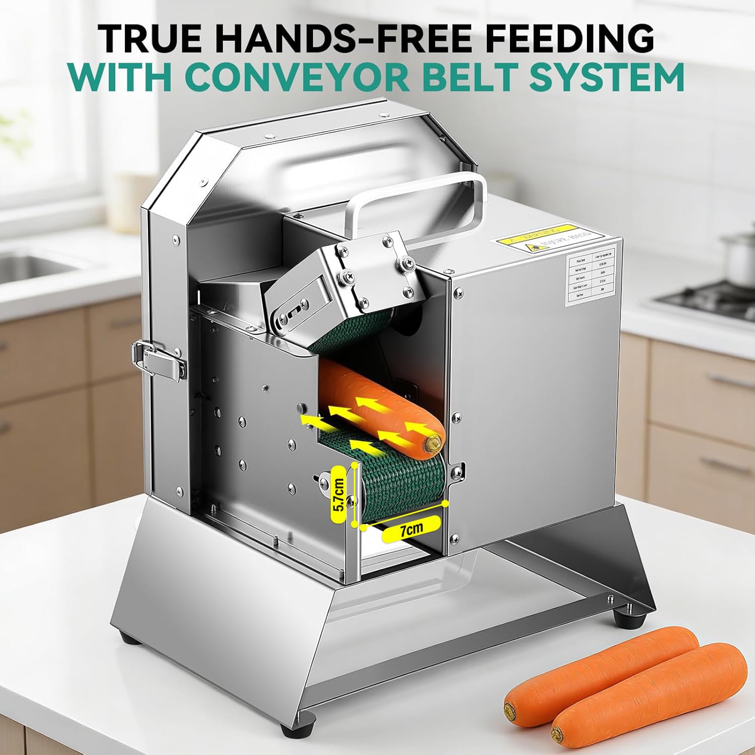 Affettatrice Professionale per Verdure da 200 W 220 V, Affettatrice Elettrica per Frutta e Verdura, Robot da Cucina con Nastro Trasportatore, Spessore Regolabile da 1,5 a 35 mm, 180 kg/h