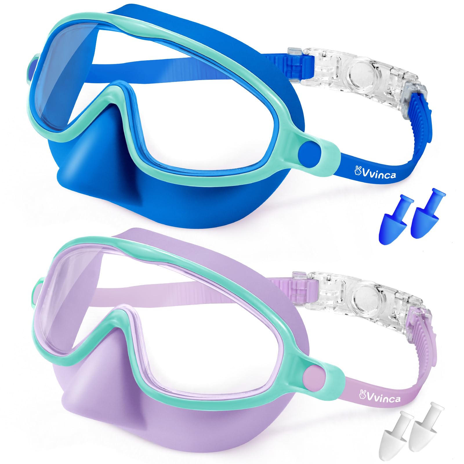 Vvinca Set di 2 occhialini da nuoto con protezione per il naso per bambini da 3 a 15 anni | Maschera subacquea grandangolare, impermeabile, anti-appannamento, protezione UV