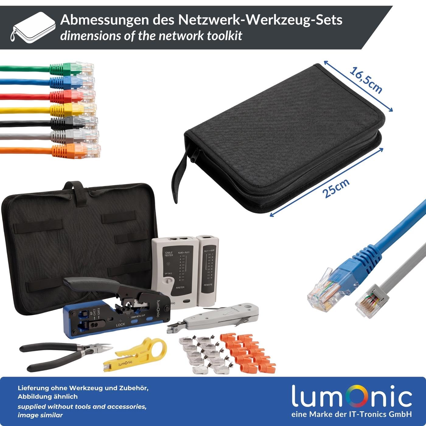 Lumonic Juego de herramientas para redes con alicate de crimpado y comprobador de redes: alicate de crimpado «pass-through» y conectores, herramienta de montaje LSA para Krone y 110, comprobador de re