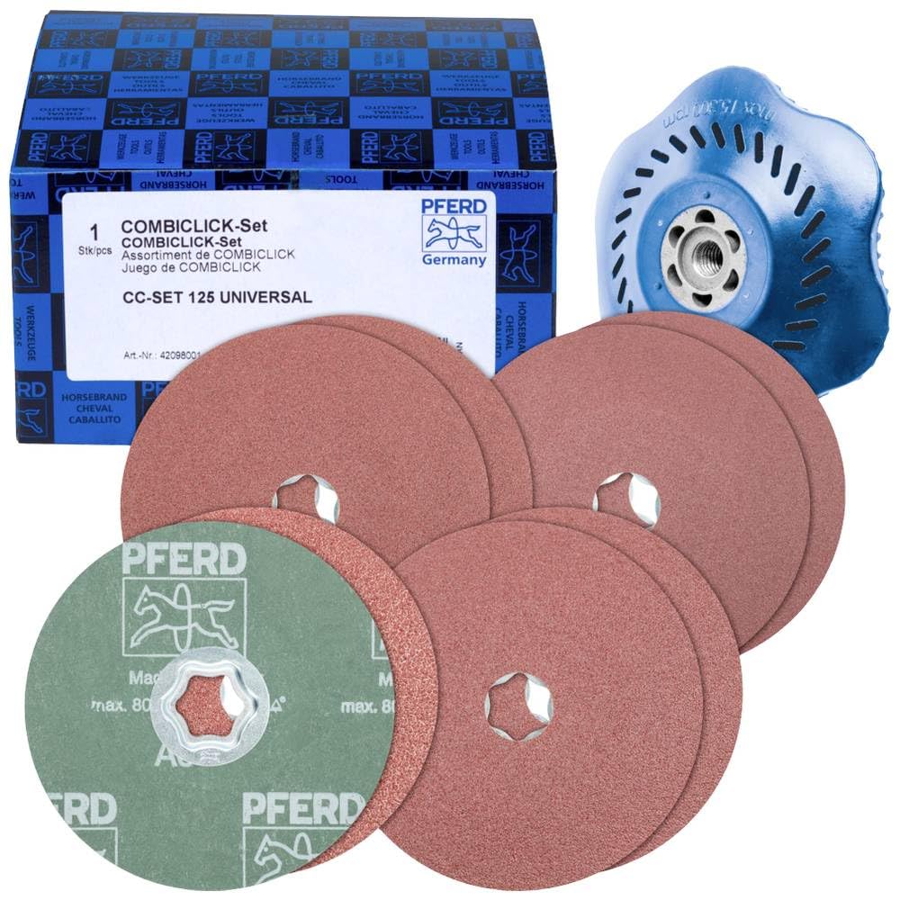 Pferd Combiclick 42098001 - Set di 9 Dischi in Fibra di Vetro, Diametro 125 mm, A36, 60, 80, 120, con Piastra di Supporto per Applicazioni Universali con Smerigliatrice Angolare, Multicolore