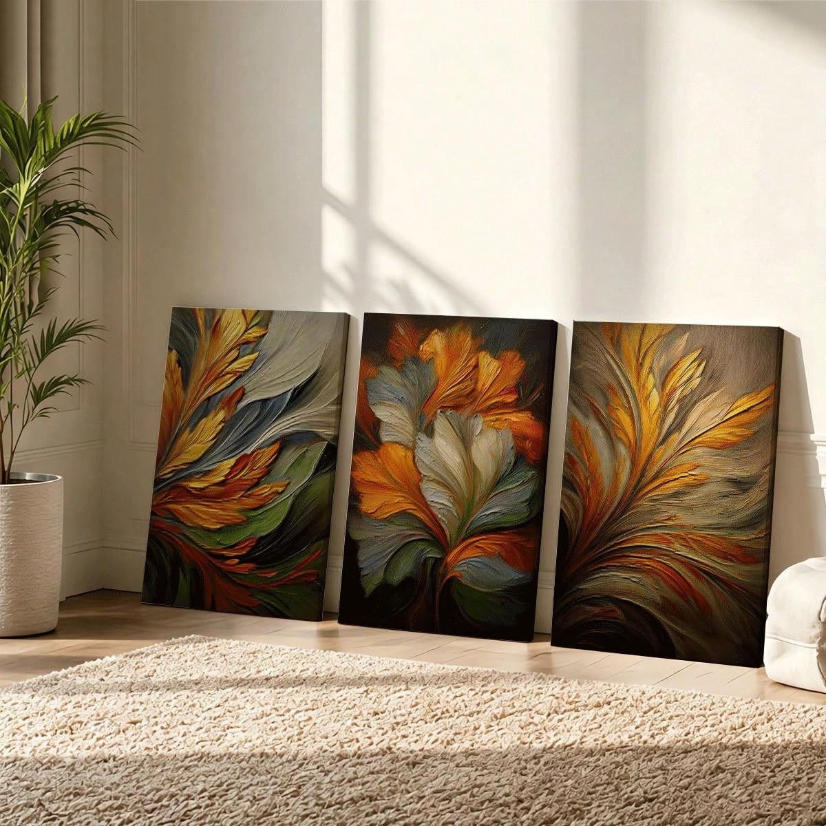 3 lienzos decorativos con estampado abstracto de hojas para la pared del salón (60x90cm x 3 / Sin marco)